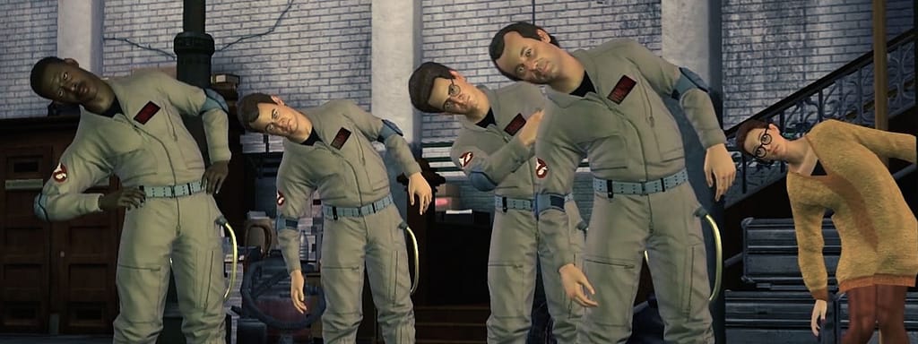 Image descriptor: Each member of the Ghostbusters, along with their secretary, lean to one side, viewing something off-screen at a sideways angle.