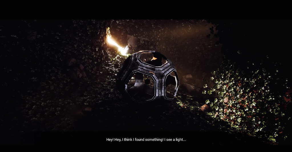 Image descriptor: A strange metallic object sits amidst dirt and leaves. A beam of sunlight washes over it from a crack in the nearby rock. The subtitles say "Hey! Hey, I think I've found something! I see a light..."