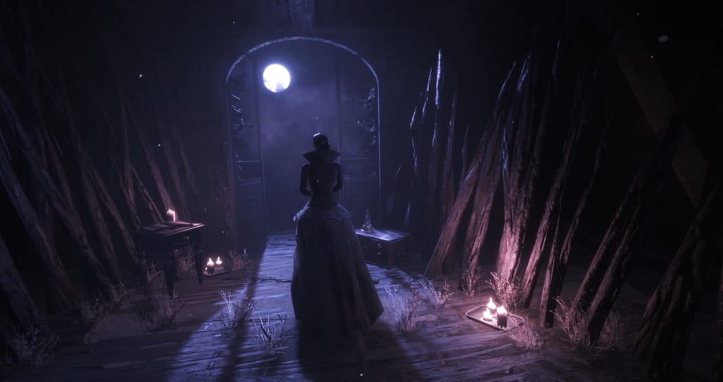 Image descriptor: A screenshot from Maid of Sker. A woman garbed in a long black dress stands in a heavily curtained room. She faces an open balcony, where a full moon shines upon her.