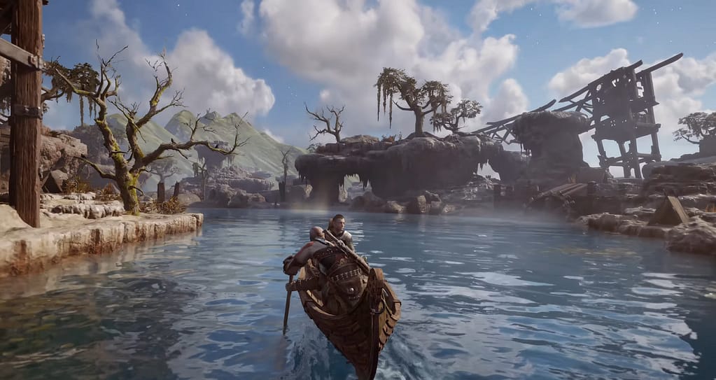 Image Descriptor: A screenshot from God of War Ragnarök. Kratos and Atreus sail gently down a river beneath a bright blue sky, surrounded by small pieces of land that carry worn and destroyed structures, alongside dried out trees.