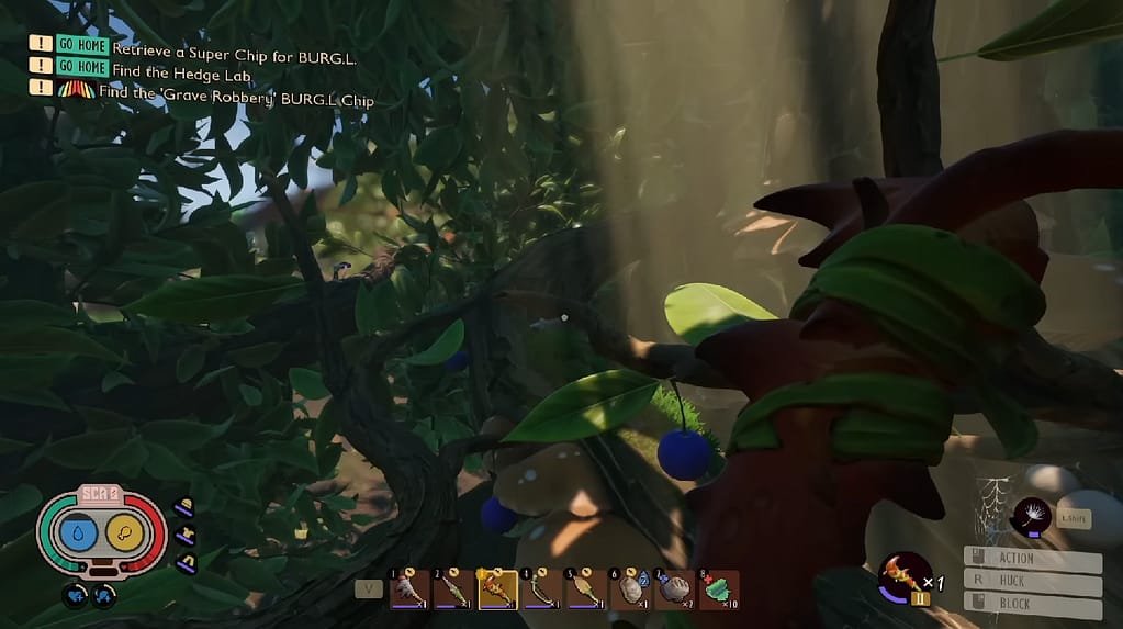 Image Descriptor: From a first person perspective, the playable character is surrounded by leaves and branches in the centre of a hedge. A makeshift ant club is held to the right hand side, and numerous UI elements can be seen, such as quest objectives, a health and stat display, a hot bar full of equipment, and some button prompt reminders.