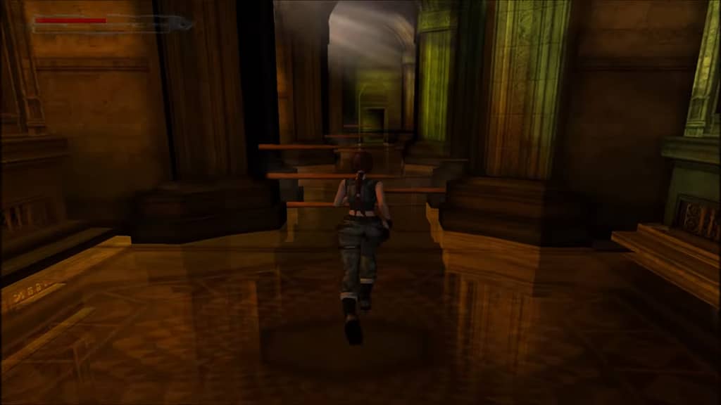 Image Descriptor: Lara, now dressed in tactical combat gear, runs through the reflective halls of an old building, as traps such as the spikes protruding from the wall ahead of her begin to activate.