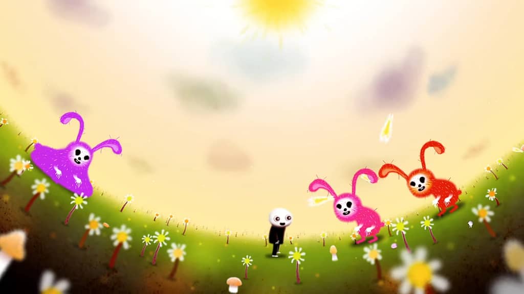 Image descriptor: A young, pale faced boy stands at the bottom centre of the screen on a colourful field full of daisies. He's surrounded by unsettling bunnies with skeletal faces. The one on the left appears to be melting.