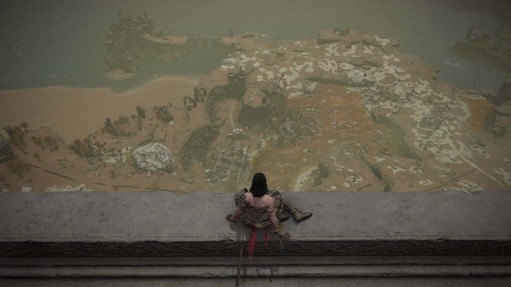 Image Descriptor: My character sits at the edge of a tower, wearing torn scraps of armour. She looks out over the barren wastes of the Caelid Wilds.