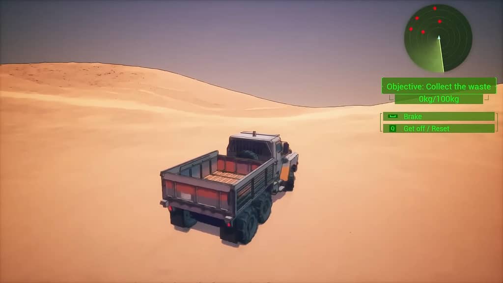 Image descriptor: A lone truck sits in a vast desert. A radar is shown in the top right of the screen, accompanied by an objective and some controls.