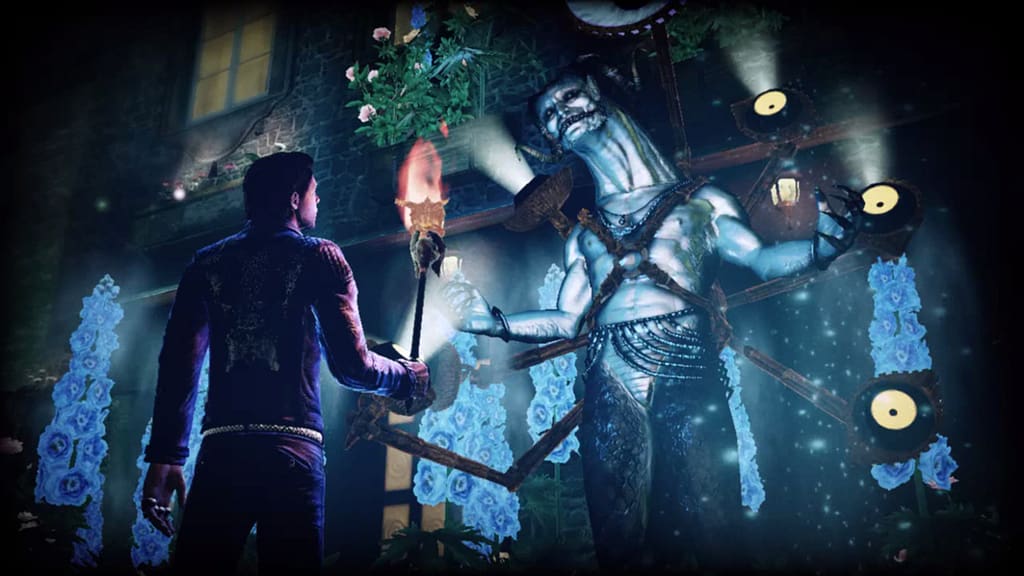 Image descriptor: A screenshot from Shadows of the Damned. The protagonist stands, holding a torch, in front of a giant demon with a long neck with several lights strapped to him. Several gentle blue flowers can be seen in the background.