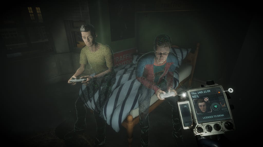 Image descriptor: Holographic memories of two characters —Neil on the right, Ian on the left— sit at the edge of a bed with a striped quilt, holding controllers for a gaming console. The machine in the bottom right lists the date, Neil's name, and the name of the scene: "Licensed to Drink".