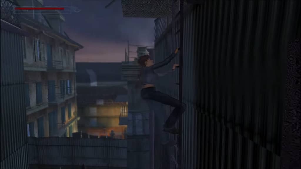Image Descriptor: In the alleyways of late evening Paris, a casually dressed Lara climbs a ladder on the side of a steel-plated building.