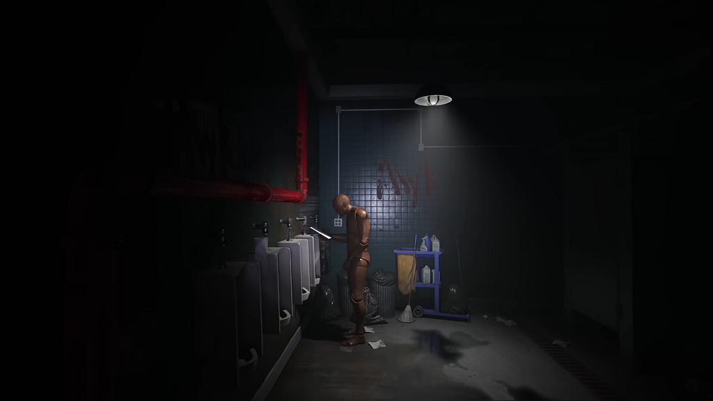 Image descriptor: An unsettling mannequin stands at a urinal in a dark bathroom. It stares intensely at a document. The room is poorly kept, and "My Ki..." has been written on the wall with blood. It's unclear what the full text says, as the rest of the words are obscured by the darkness.