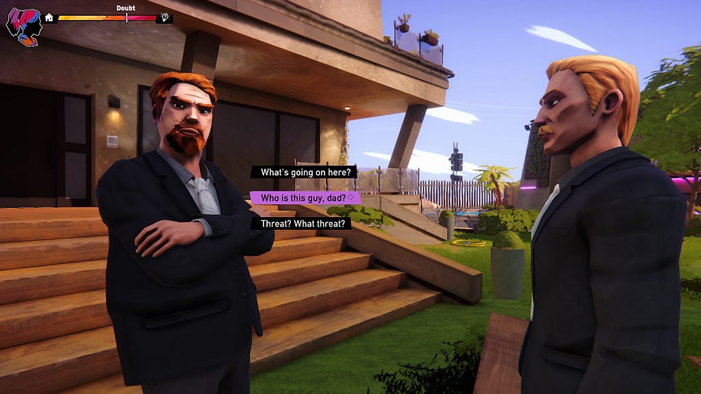 Image descriptor: Zoe looks up at her father and a suited man, by the steps of an affluent mansion home. Three dialogue options can be seen: "What's going on here?", "Who is this guy, dad?" and "Threat? What threat?"