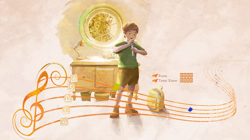 Image descriptor: A boy stands by a window against a faded background, playing a wind instrument. A musical notation can be seen at the bottom, stretching onto five lines, that function as the highway for the rhythm-based gameplay.