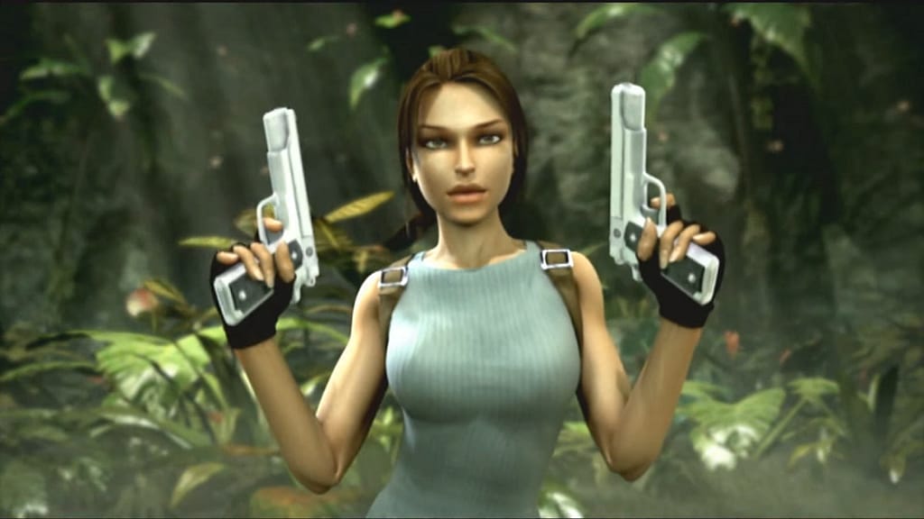 Image Descriptor: A high definition render of Lara, taken from the opening cinematic to Tomb Raider: Anniversary. She can be seen from the waist up holding both of her signature dual pistols at the ready. A dense jungle can be seen close behind her.