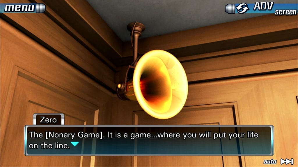 Image descriptor: A screenshot from 9 Hours, 9 Persons, 9 Doors, which shows a close up image of a speaker in the corner of the room. A speech box sits beneath, showing dialogue from the character Zero. It reads: "The [Nonary Game]. It is a game... Where you will put your life on the line."