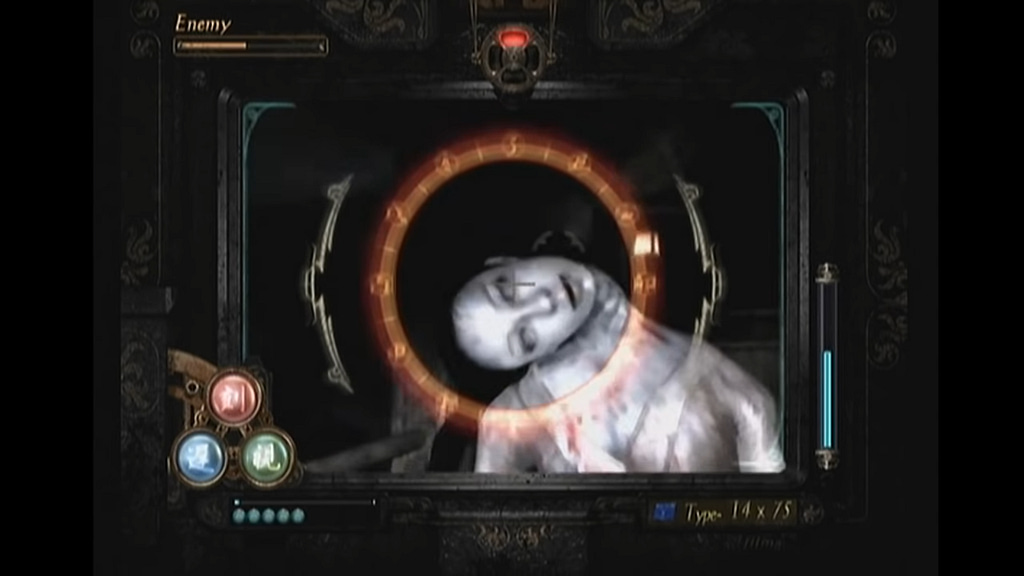 Image descriptor: A screenshot from Project Zero 2. From the perspective of someone aiming the Camera Obscura, we are facing a ghost with a broken neck. Various metres and stats are listed around the edges of the screen, such as an enemy health bar in the top left, and the currently equipped film type, (14 x 75), in the bottom right.