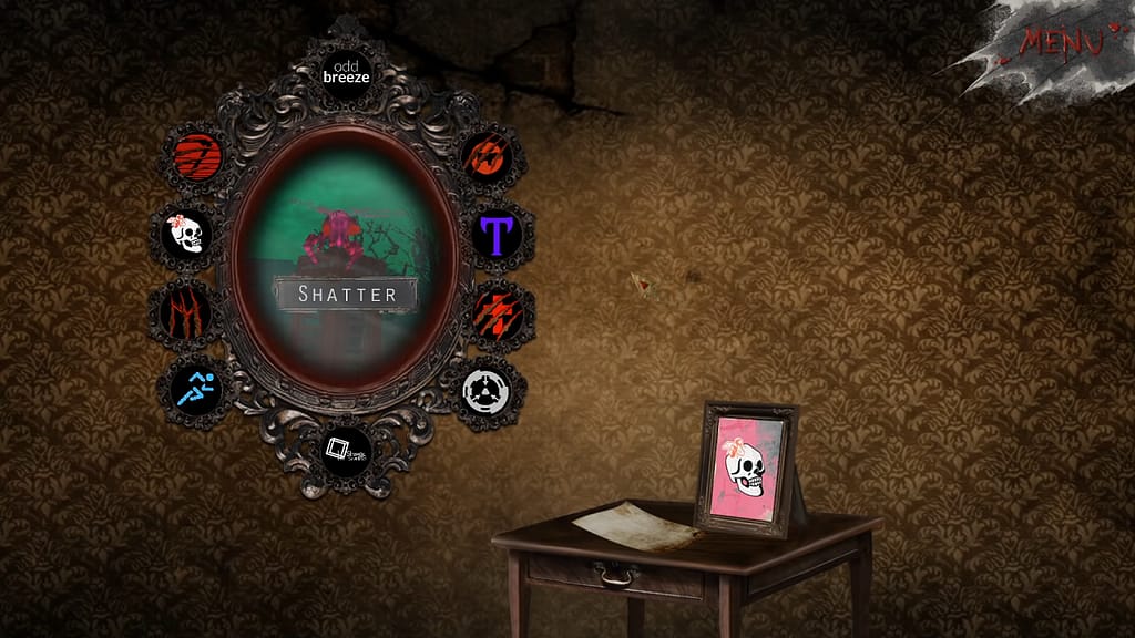 Image descriptor: The main menu of Dread X Collection, in which a mirror can be seen with ten icons surrounding it, standing for different games. In the middle, a large poster for one of the games can be seen, titled "Shatter." A framed picture of a skull can be seen on a small desk nearby, with a worn letter laid besides it.