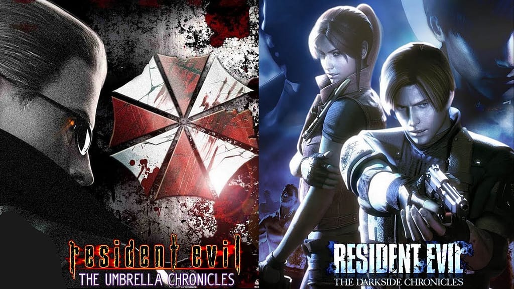 Image descriptor: Two posters, the one on the left is for Resident Evil: The Umbrella Chronicles, whilst the one on the right is for Resident Evil: The Darkside Chronicles. The one on the left features a picture of Albert Wesker alongside the Umbrella logo, whilst the one on the right features Leon Kennedy and Claire Redfield. Both posters have the title of their respective game written at the bottom.