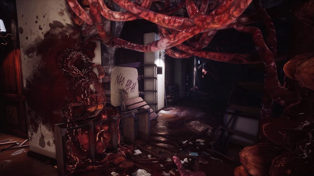 Image descriptor: Strewn with blood and gore, this corner of St. Dinfna Hotel looks particularly corrupted, with the hallway behind the viscera descending quickly into darkness. A sign upon a nearby door reads "Nao Abra!", which is Portuguese for "Do Not Open!"