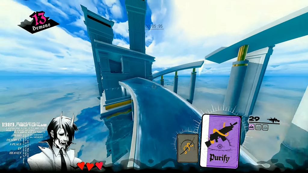 Image Descriptor: From a first person perspective, White slides along an aqueduct to a pure white building, built atop a crystal clear lake that reflects the cloudy skies above. Several UI elements can be seen on screen including an image of White, his health, his currently equipped weapon cards, and a counter for how many demons there are in the level.