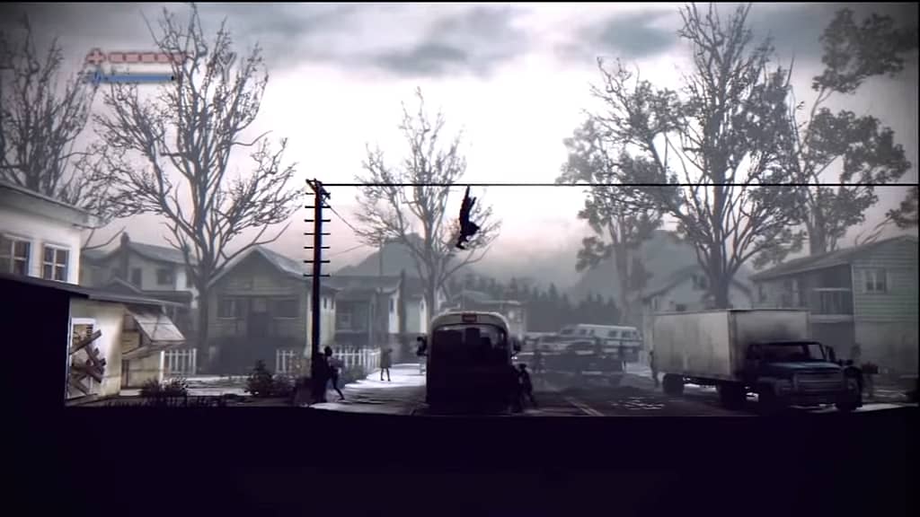 Image descriptor: A screenshot of Deadlight. The protagonist can be seen hanging from a telephone wire, gradually shimmying along it above a street full of abandoned cars, trucks and zombies. The silhouetted art style is reminiscent of a graphic novel.