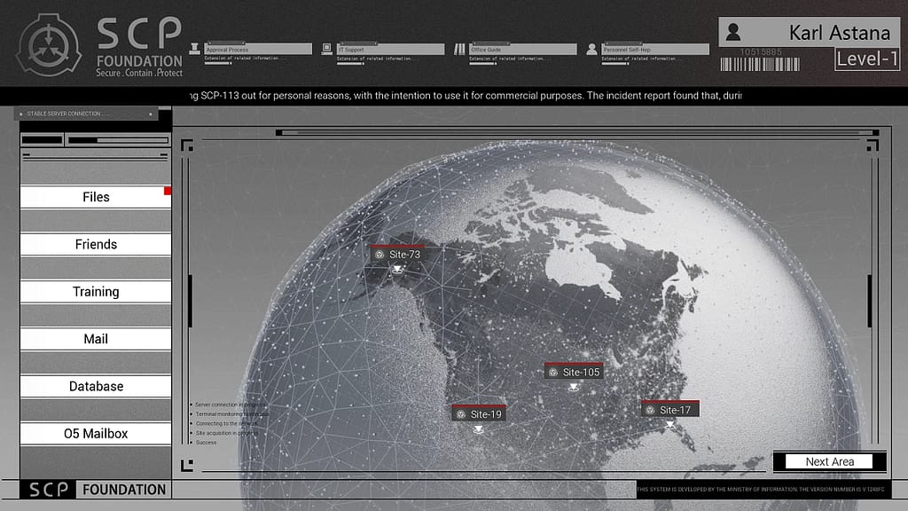 Image descriptor: A screenshot of an in-game computer's desktop. The globe in the centre has a handful of SCP containment sites labelled upon it. A menu at the side allows access to a number of sub-menus.