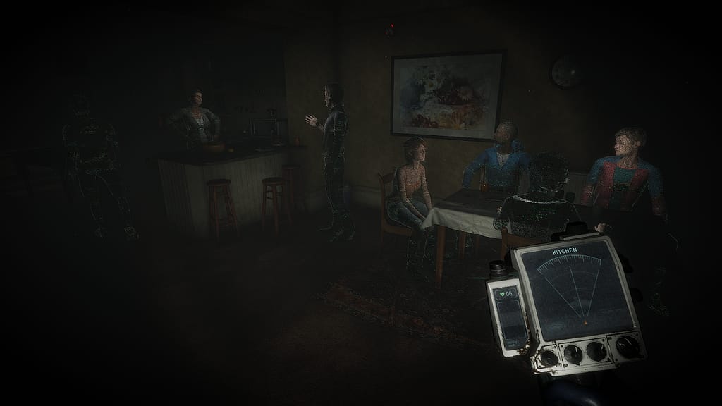 Image descriptor: In a dimly lit room, holograms of several people re-enact memories in an open floor dining room that connects to a kitchen. From a first person perspective, a machine with a radar display can be seen in the bottom right, held by the playable character.