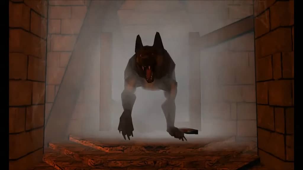 Image descriptor: A werewolf emerges from a plume of smoke against a brick background. The werewolf looks rather silly, and poorly modelled.