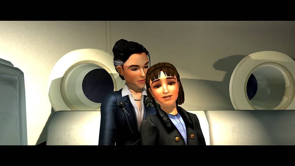Image Descriptor: A young Lara Croft sits on her mother's lap aboard a luxury airplane. Two windows can be seen behind them.