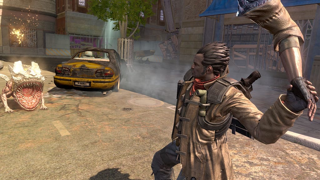 Image descriptor: A man in a trenchcoat prepares to throw his own severed arm at a demon with a gaping mouth. They stand before a run down street with a destroyed yellow car in the background.
