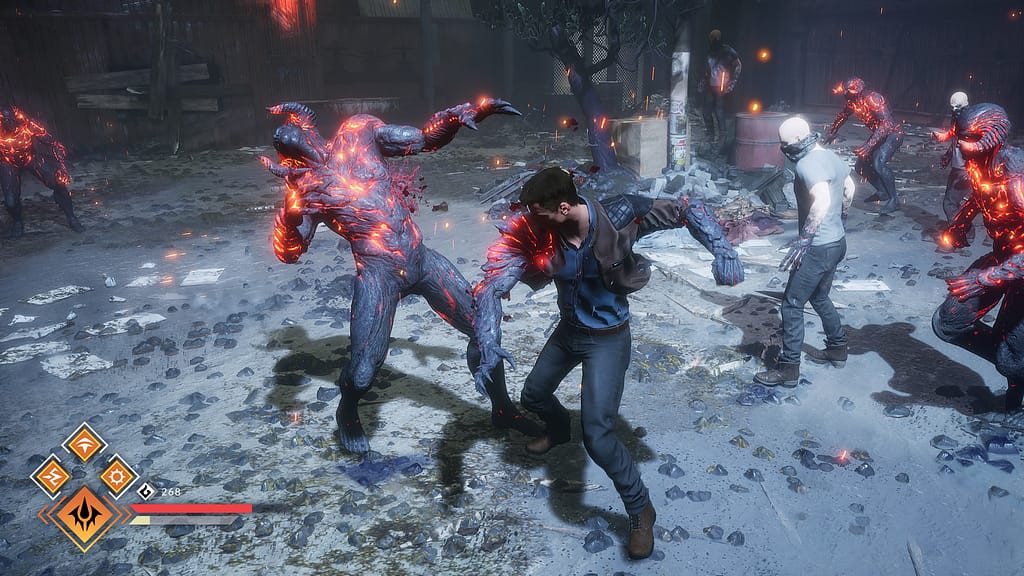 Image descriptor: A human with demonic arms slashes at a demon with his claws. More enemies surround him, and a UI filled with abilities can be seen in the bottom left corner.