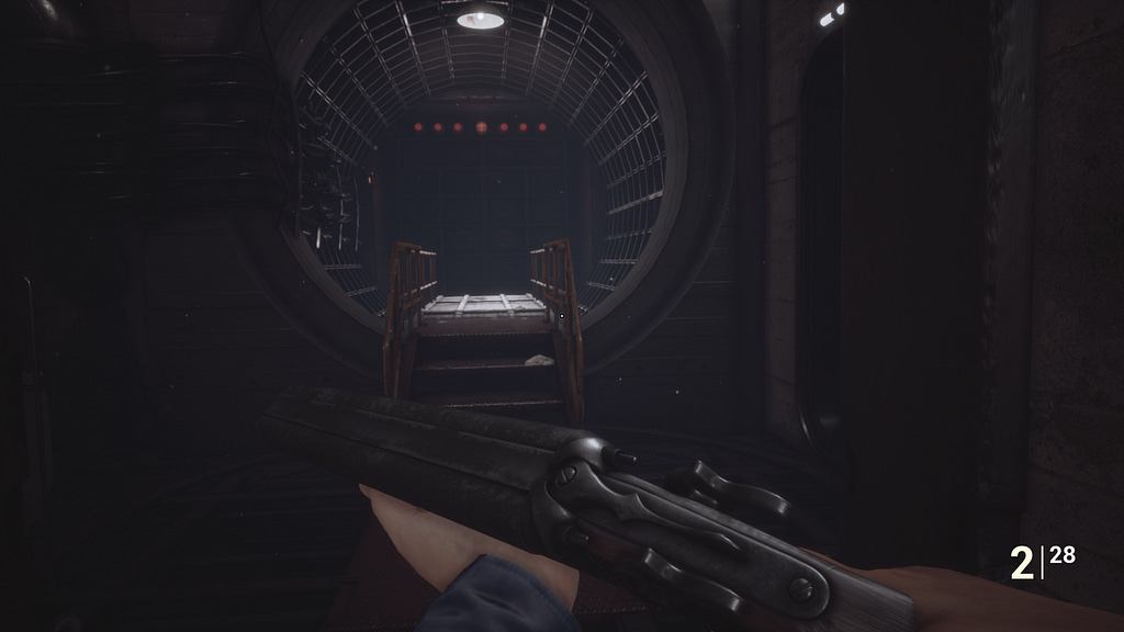 Image descriptor: From a first person perspective, Roberto stands in front of a small staircase leading to a large technologically advanced door. He is armed with a sawn-off shotgun. An ammo counter can be seen in the bottom right corner.