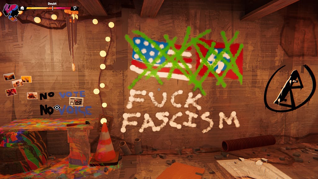 Image descriptor: A screenshot of a wall spray painted with various political art.