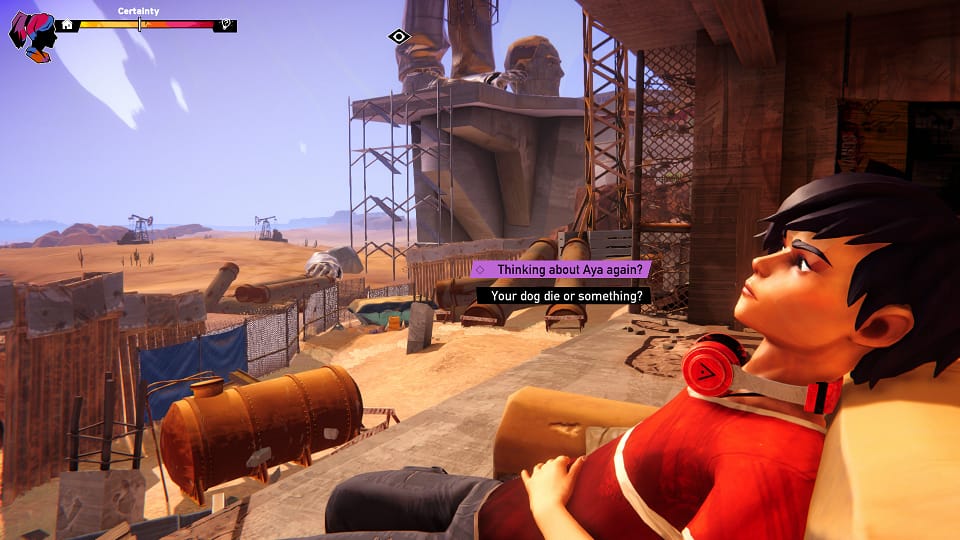 Image descriptor: Kaito stares pensively at a desert in the distance. Rusted metal waste lies all around the construction site he is sitting in, whilst a colossal statue stands in the distance, midway through being built. Two dialogue options appear on screen. "Thinking about Aya again?" and "Your dog die or something?"