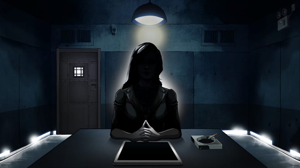 Image descriptor: A silhouetted woman sits at a desk with an ashtray and a tablet. She appears to be in some sort of cell, with a heavy metal door in the back corner.