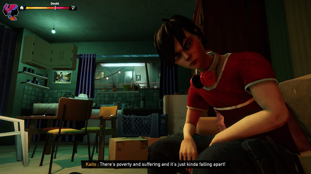 Image descriptor: Kaito sits in a dilapidated apartment with an enraged look on his face. The subtitles read "There's poverty and suffering and it's just kinda falling apart!"