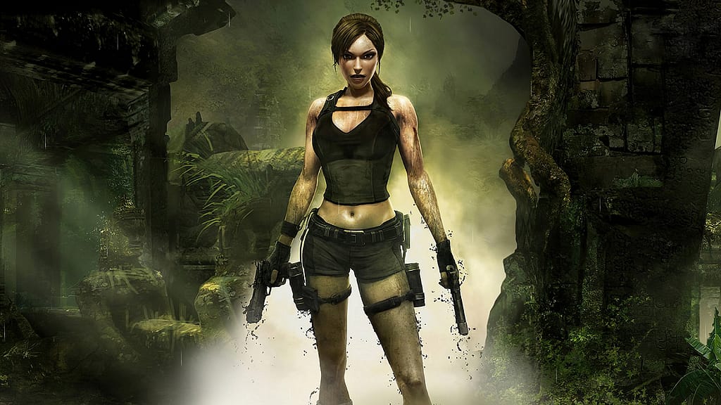 Image Descriptor: A promotional wallpaper for Tomb Raider: Underworld. Lara stands stoically against a background of ruins and greenery. She holds both pistols, once more, at the ready. 
