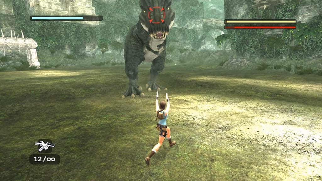 Image Descriptor: Lara aims both of her handguns at a T-Rex in a big empty arena. The trees and ruins around the edges are only set-dressing.