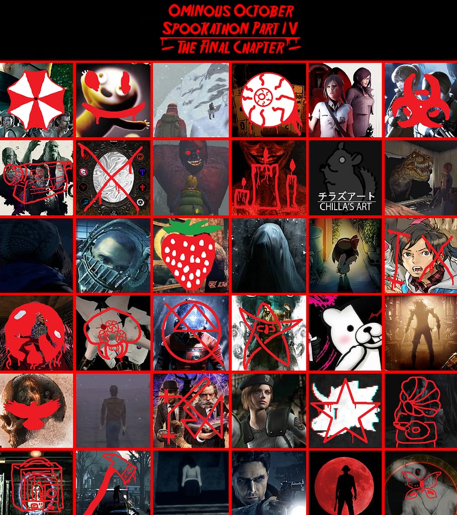 Image descriptor: A bingo card featuring 36 images of different horror games. Several of them have small doodles over them in a blood red colour, in order to indicate that they've been completed. The title at the top reads "Ominous October Spookathon Part IV -The Final Chapter-