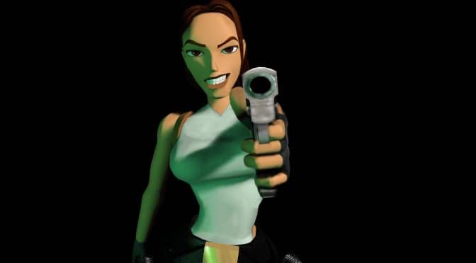 Image Description: One of the final generic posters for the original character design of Lara Croft; Which shows her stood against a blank background, pointing one of her handguns directly towards the camera. 